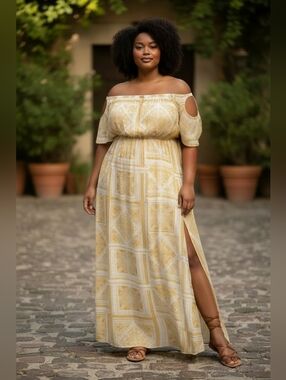 Pretty Little Thing Maxi Dress Yellow Cold Shoulder Floral Size 2X NWT